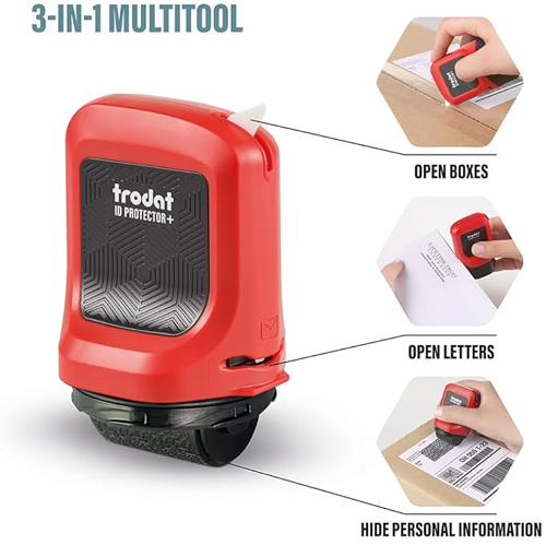 Trodat ID Identity Theft Red Case Protector+ Ink Roller Stamp with Integrated Box &amp; Letter Opener